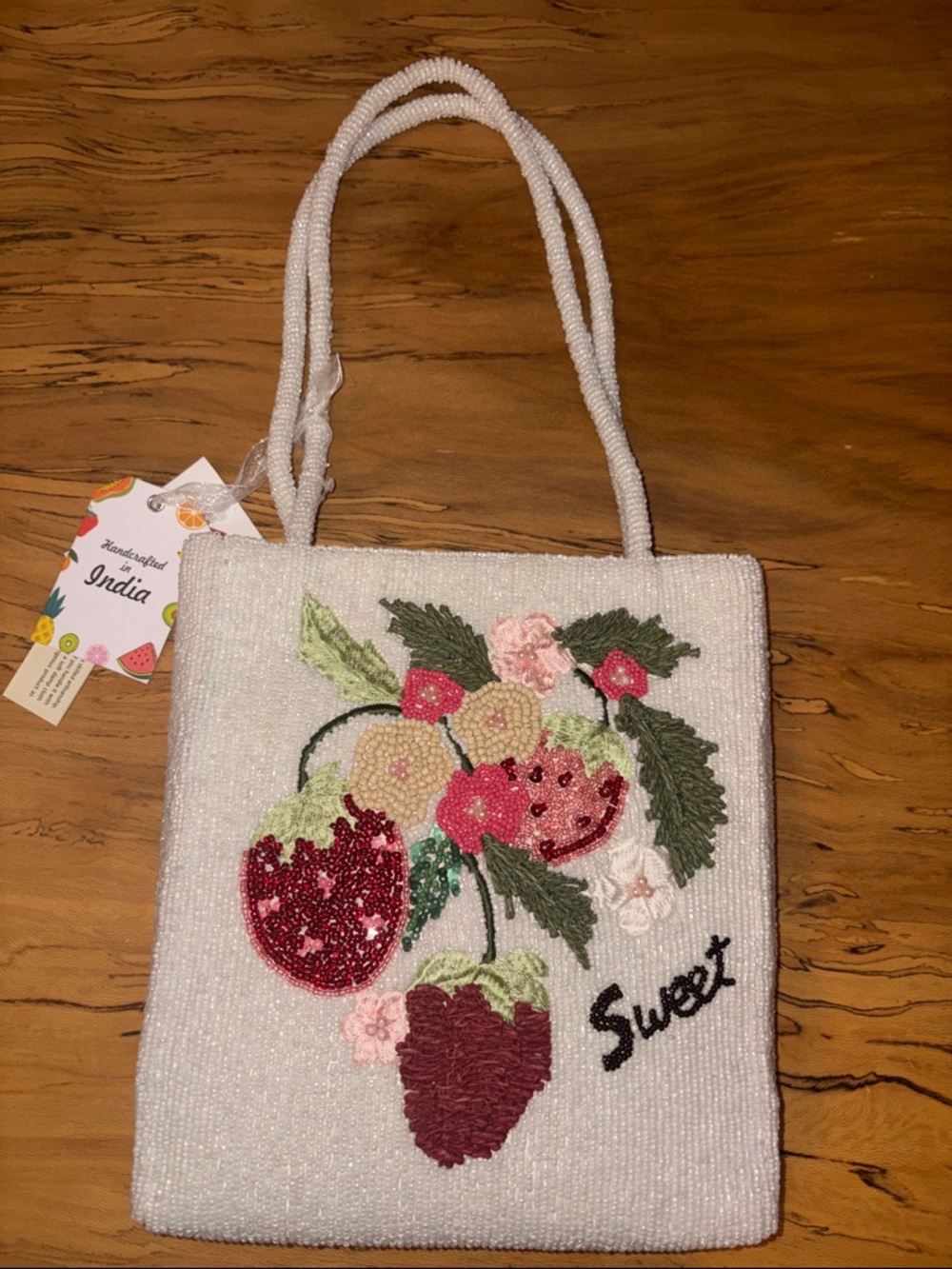 Handcrafted White Beaded Shoulder/Tote Bag with Floral and Fruit Embroidery